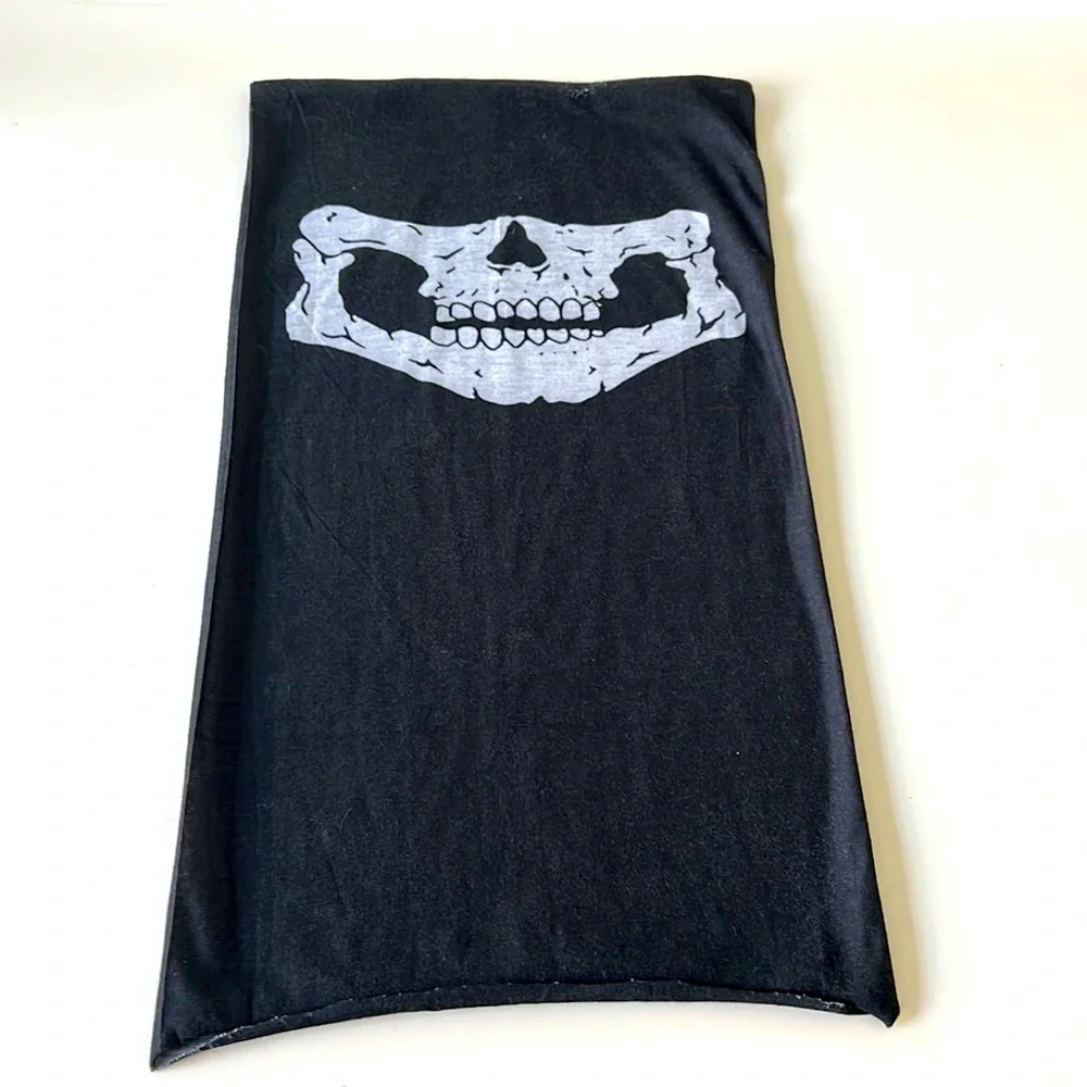 NWOT Black Motorcycle Wind collar headgear, White skull bones mouth, 18”x 17”